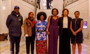 Sudanese community representatives at the Stormont leaders' press conference
